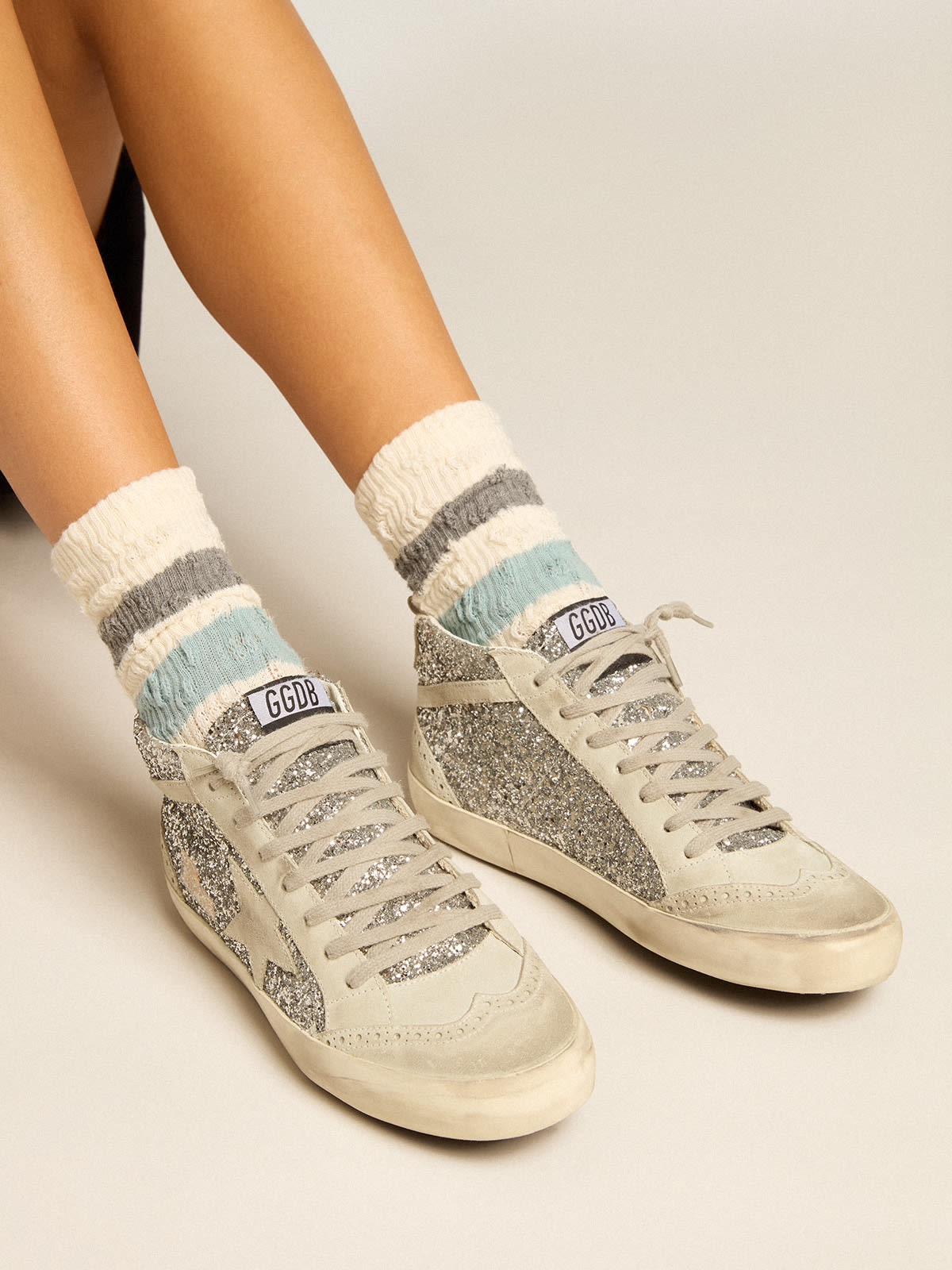 Mid Star in silver glitter with ice-gray suede star and flash | Golden Goose