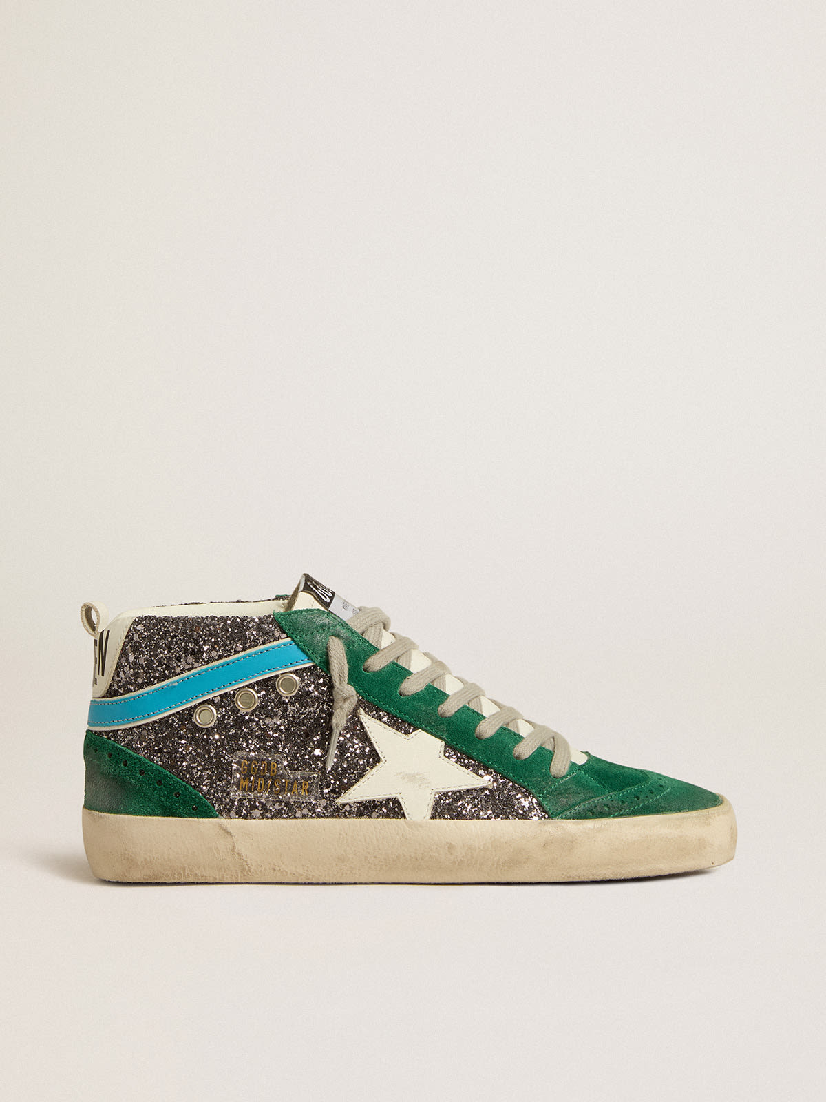 Mid Star in anthracite glitter with leather star and light blue flash |  Golden Goose