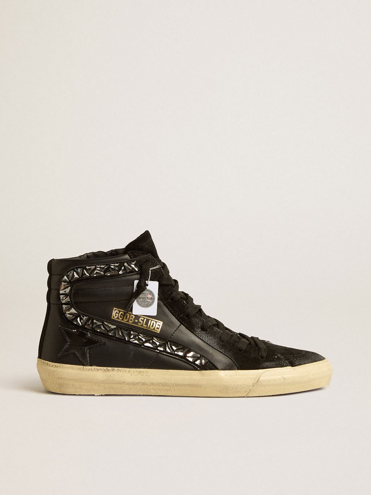 GOLDEN GOOSE Slide embellished distressed glittered leather and suede high-top  sneakers