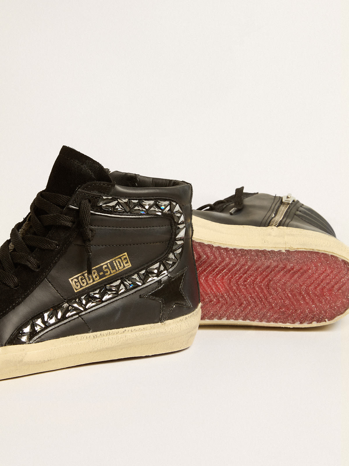 Golden Goose - Slide in leather with black star and crystal flash in 