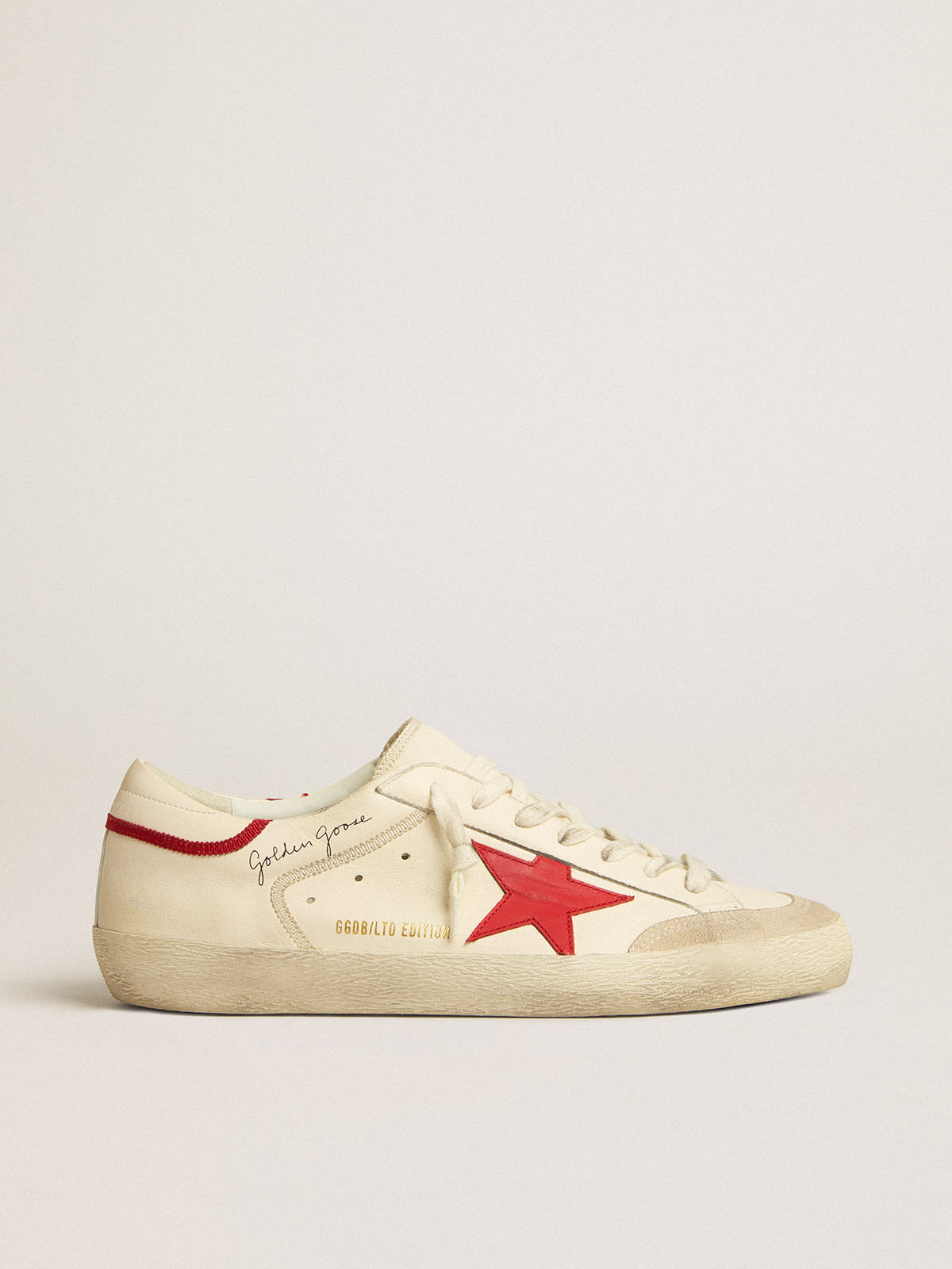 Men\'s Super-Star LTD in nappa with red leather star and pearl suede toe |  Golden Goose