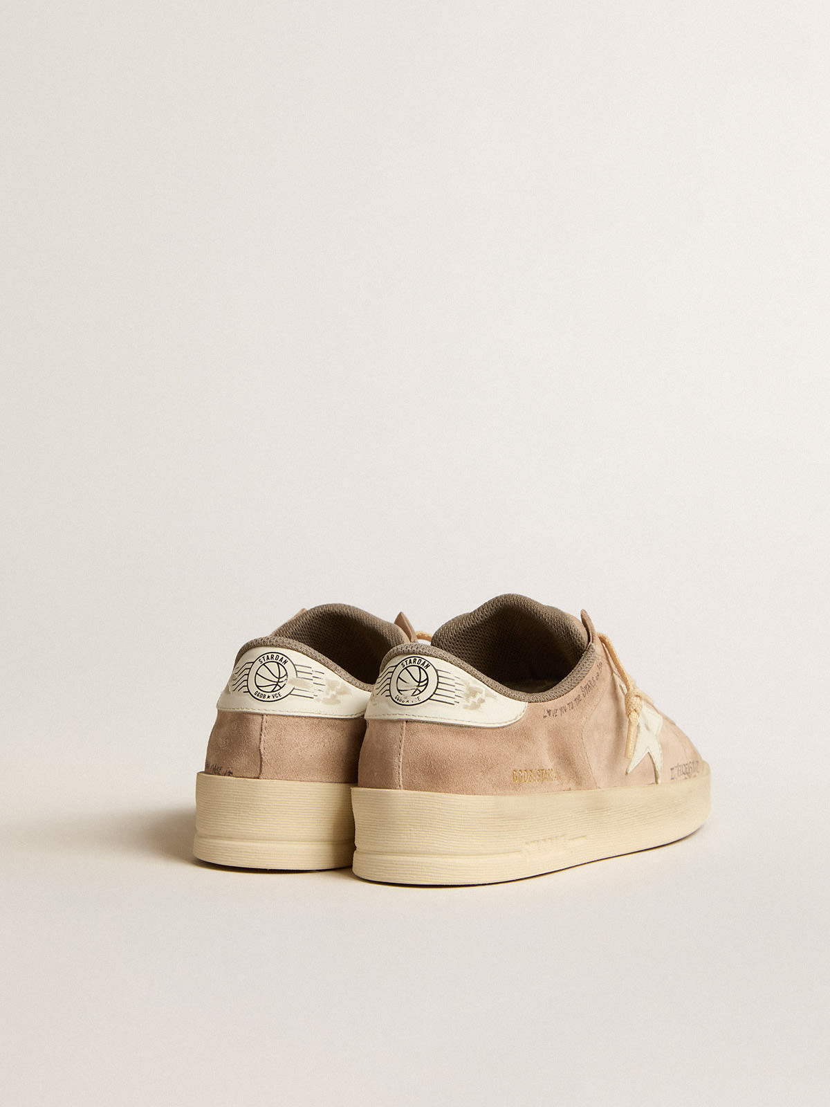 Stardan in old rose suede with white leather star and heel tab | Golden ...