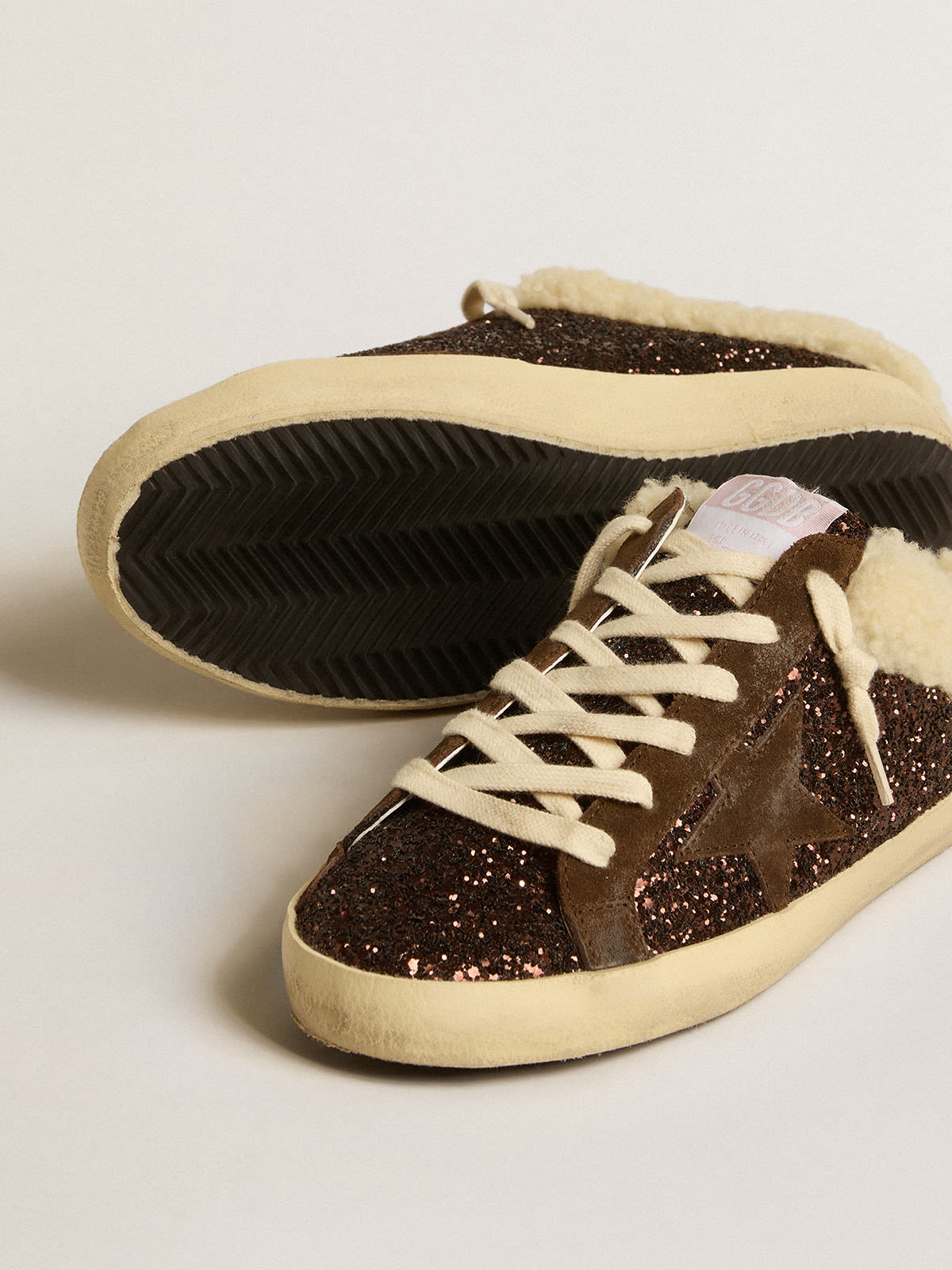 Super-Star Sabots in glitter with brown star and shearling lining | Golden  Goose