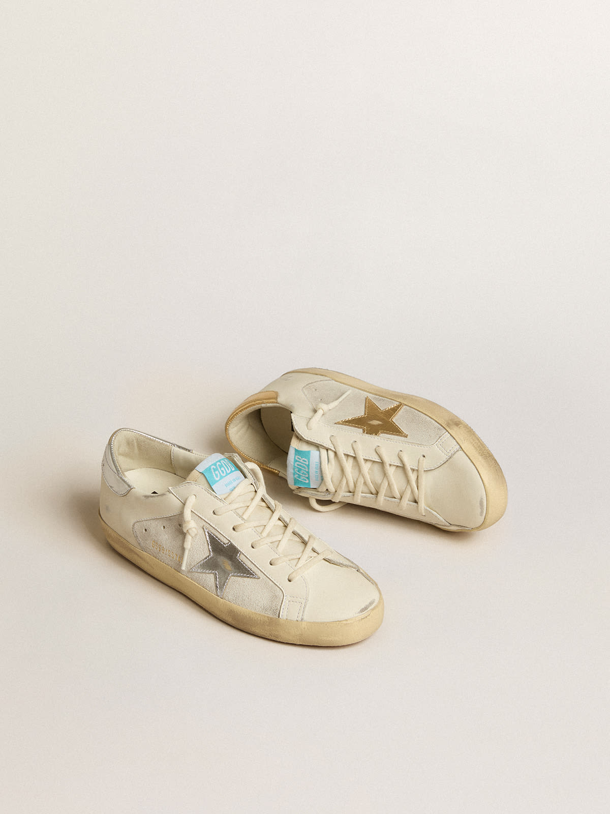 Golden Goose - Super-Star in white leather and suede with silver and gold leather star in 