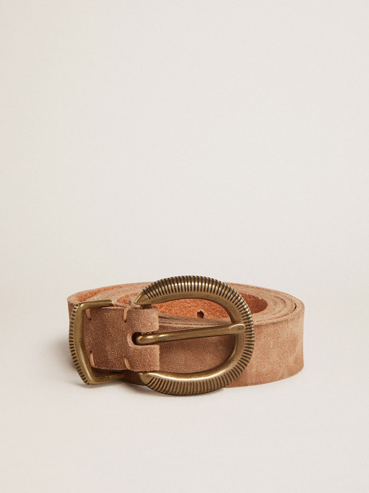 Ash-colored nubuck leather belt with gold buckle | Golden Goose