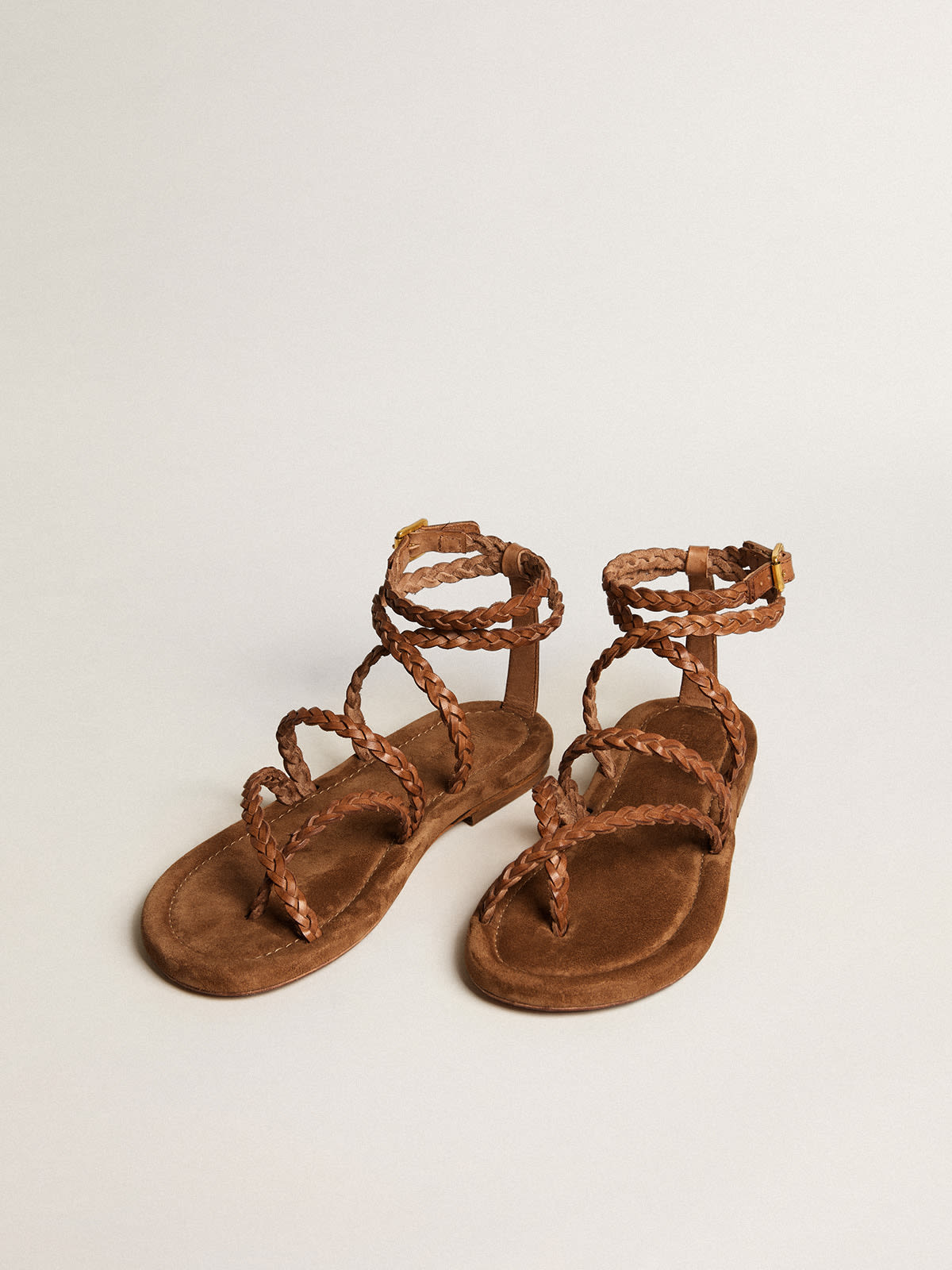 Ladies leather sandal braided, Brown