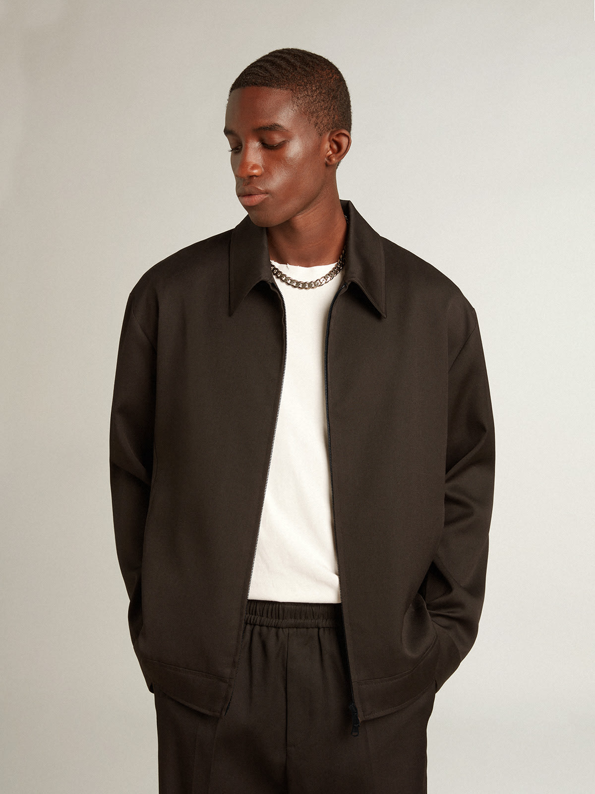 Men's zip-up jacket in black wool gabardine | Golden Goose