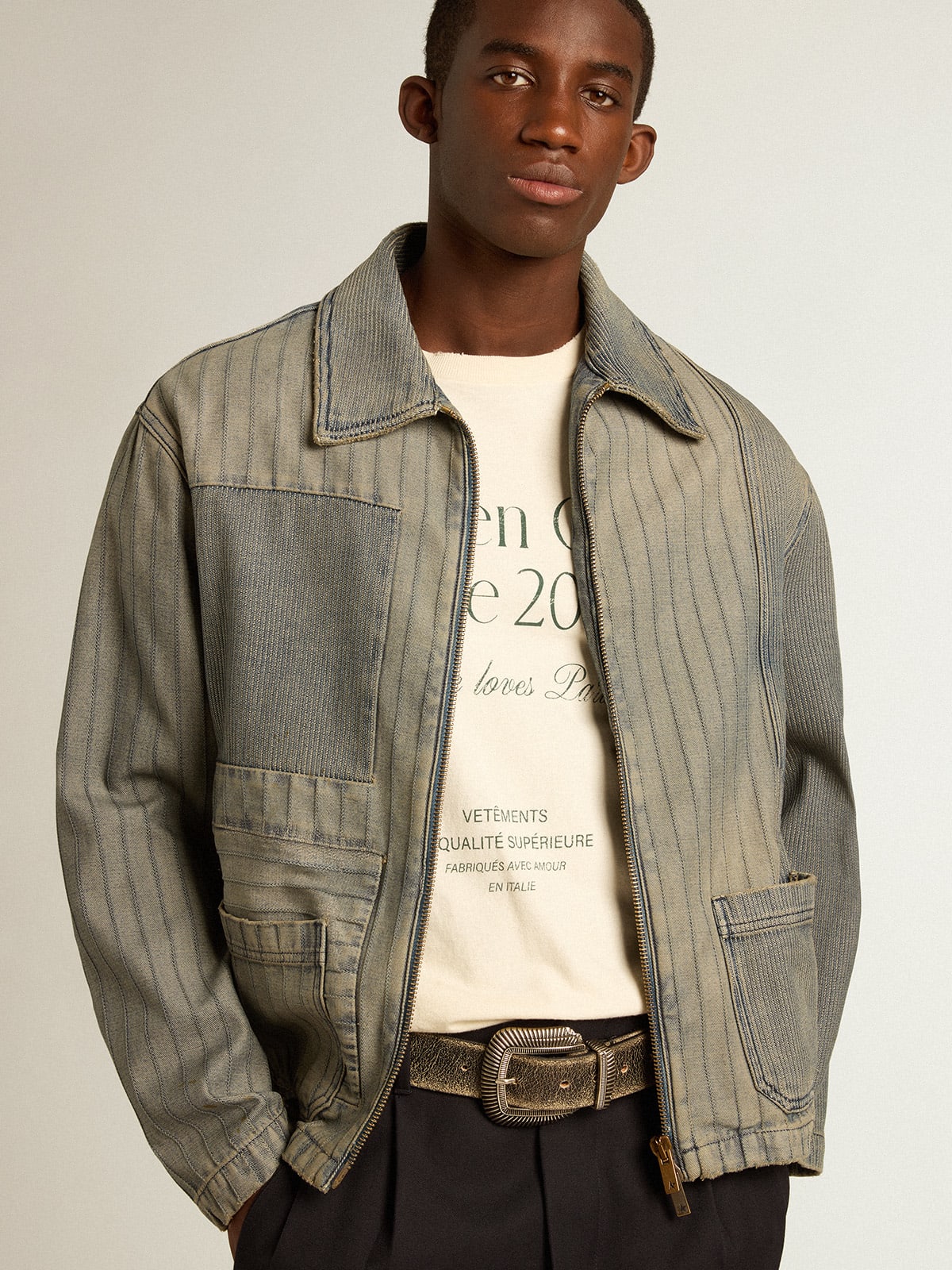 Golden Goose - Men’s denim jacket with stripes and patches on the front in 