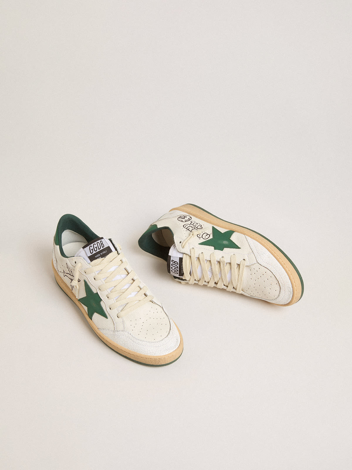 Golden Goose - Men's Ball Star Wishes in white nappa leather with green leather star and heel tab in 