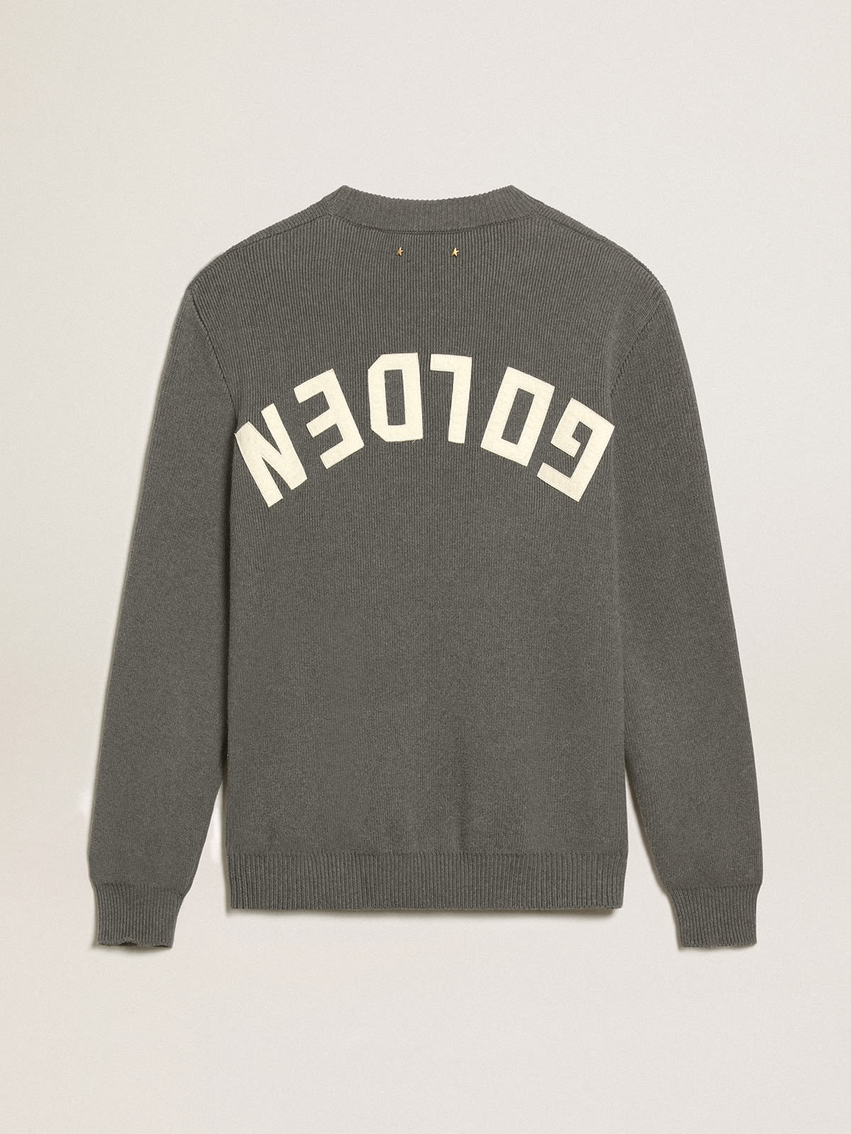 Men's round-neck sweater in dark gray cotton with logo on the back