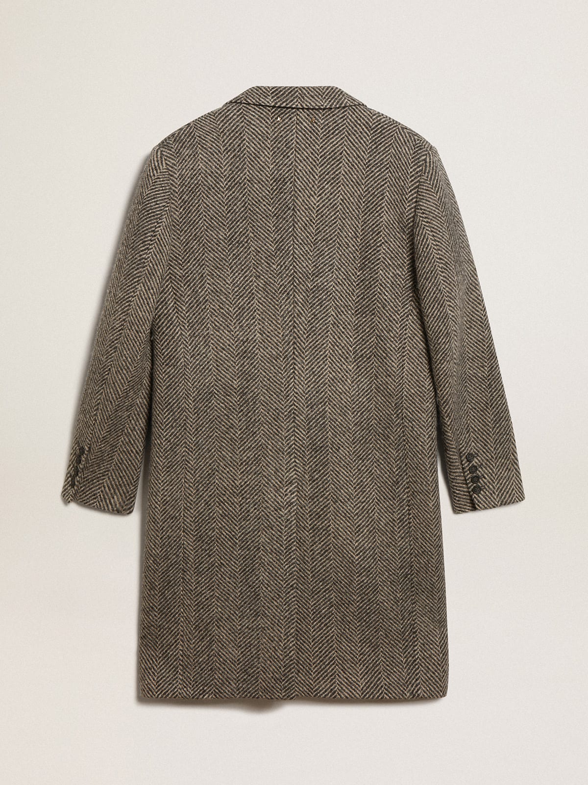 Men's single-breasted wool coat with beige and gray herringbone weave