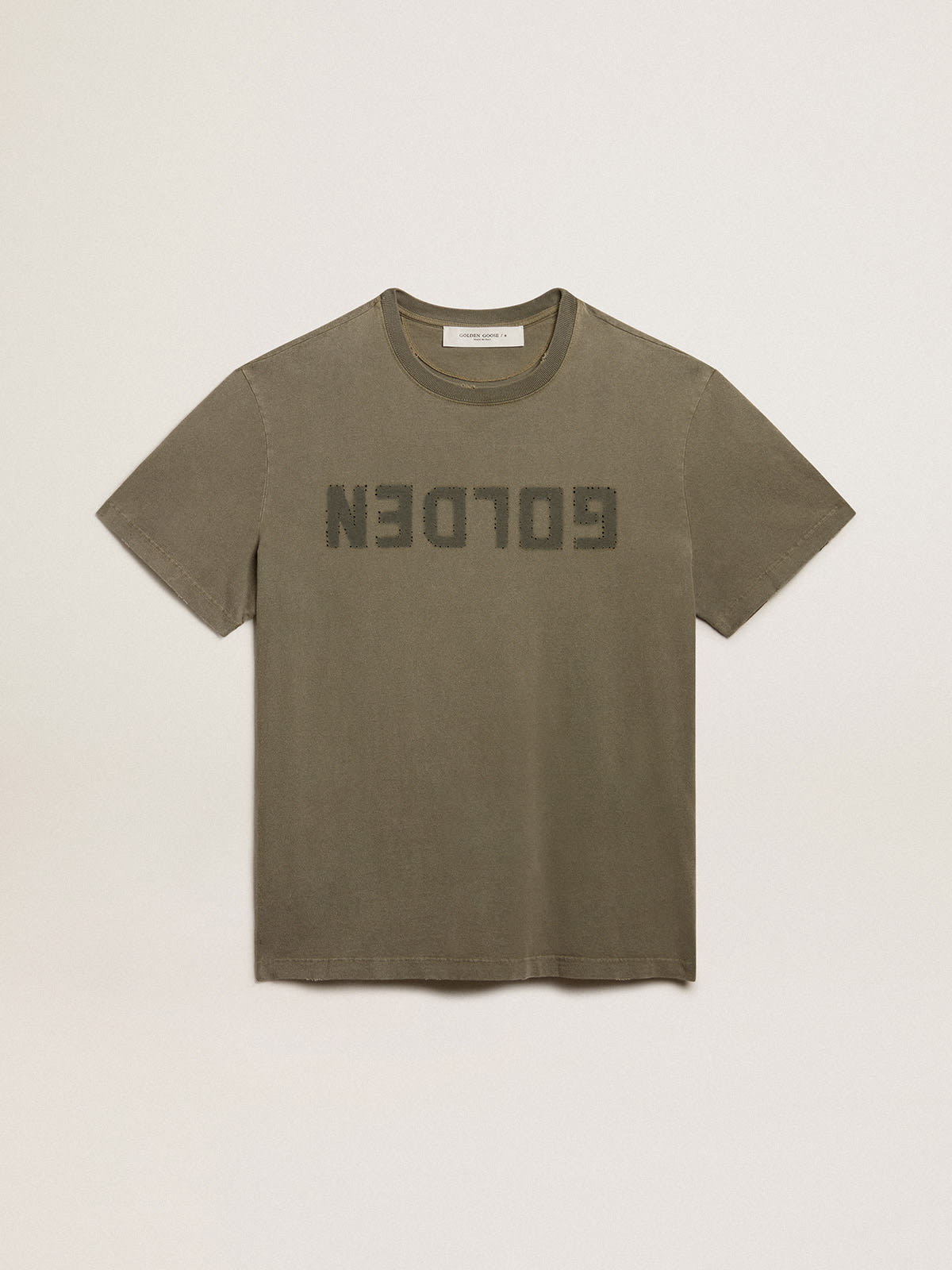 Golden Goose - T-shirt homme vert olive avec inscription Golden in 