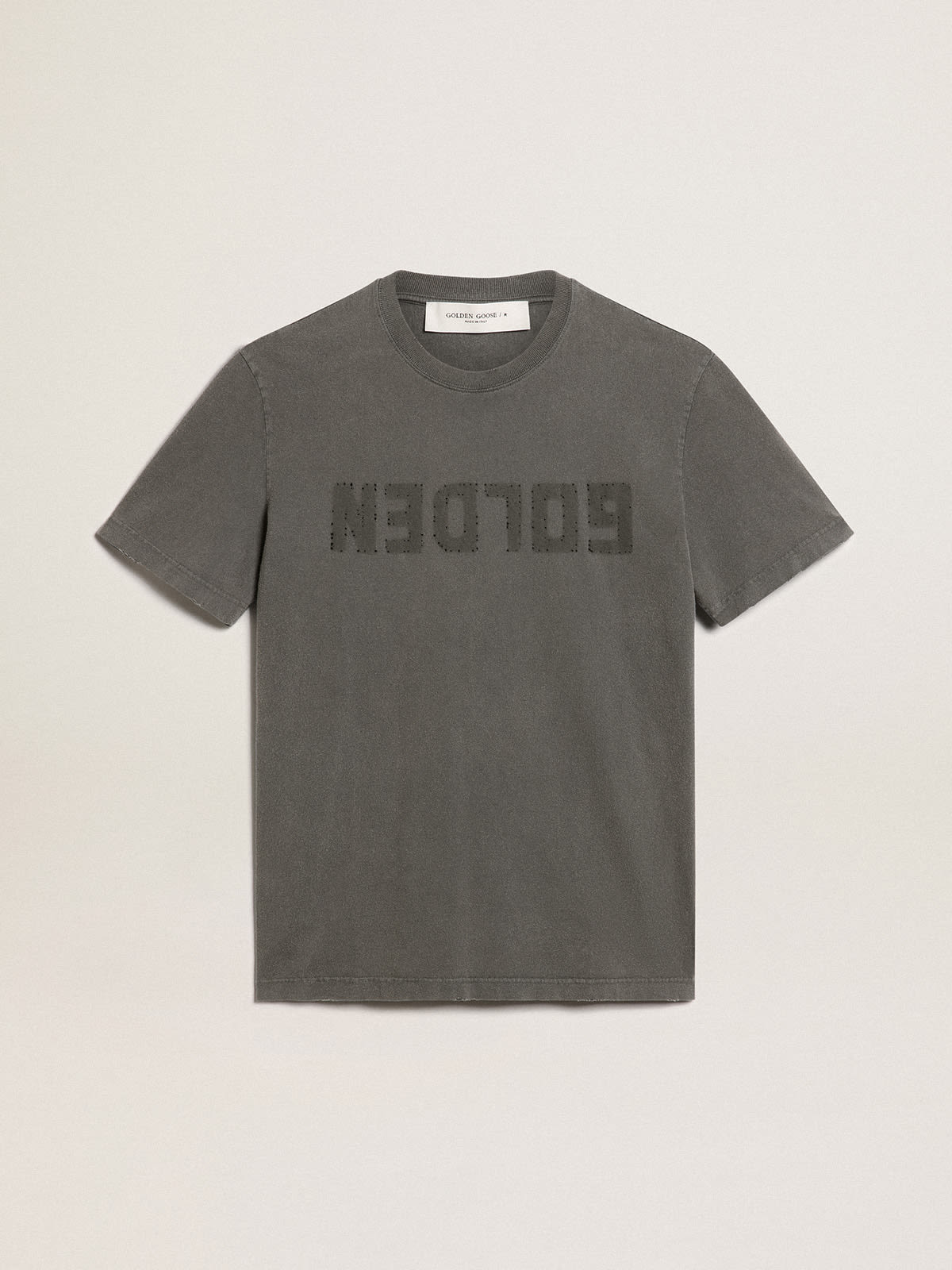 Golden Goose - T-shirt da uomo di colore grigio antracite dal trattamento distressed in 