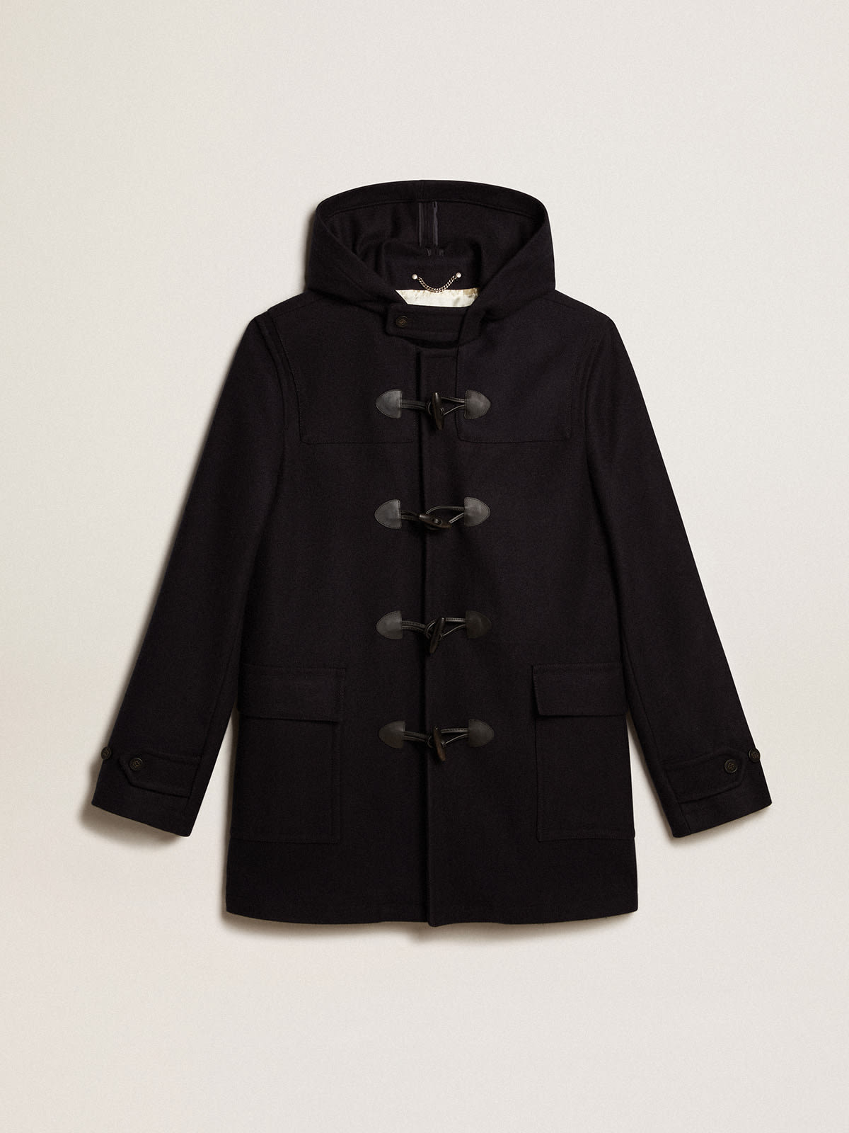 Dark blue wool duffle coat with hood and toggle fastening