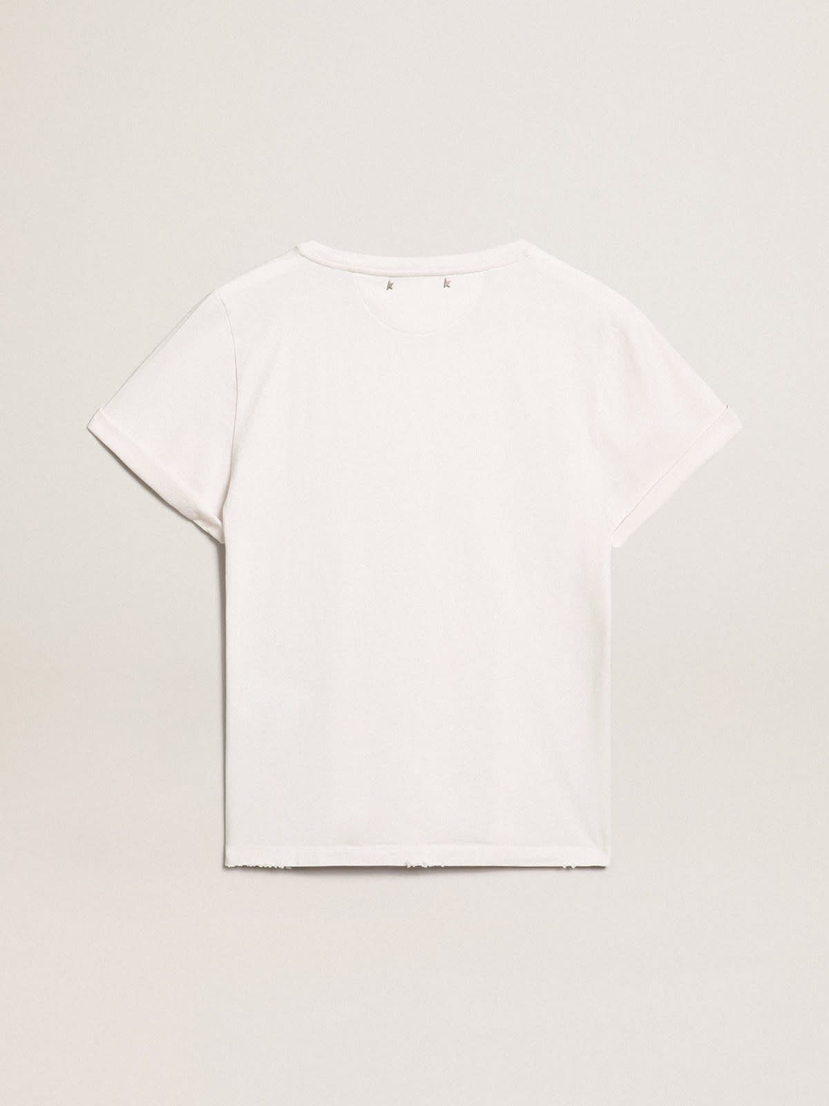 Women's white T-shirt with distressed treatment