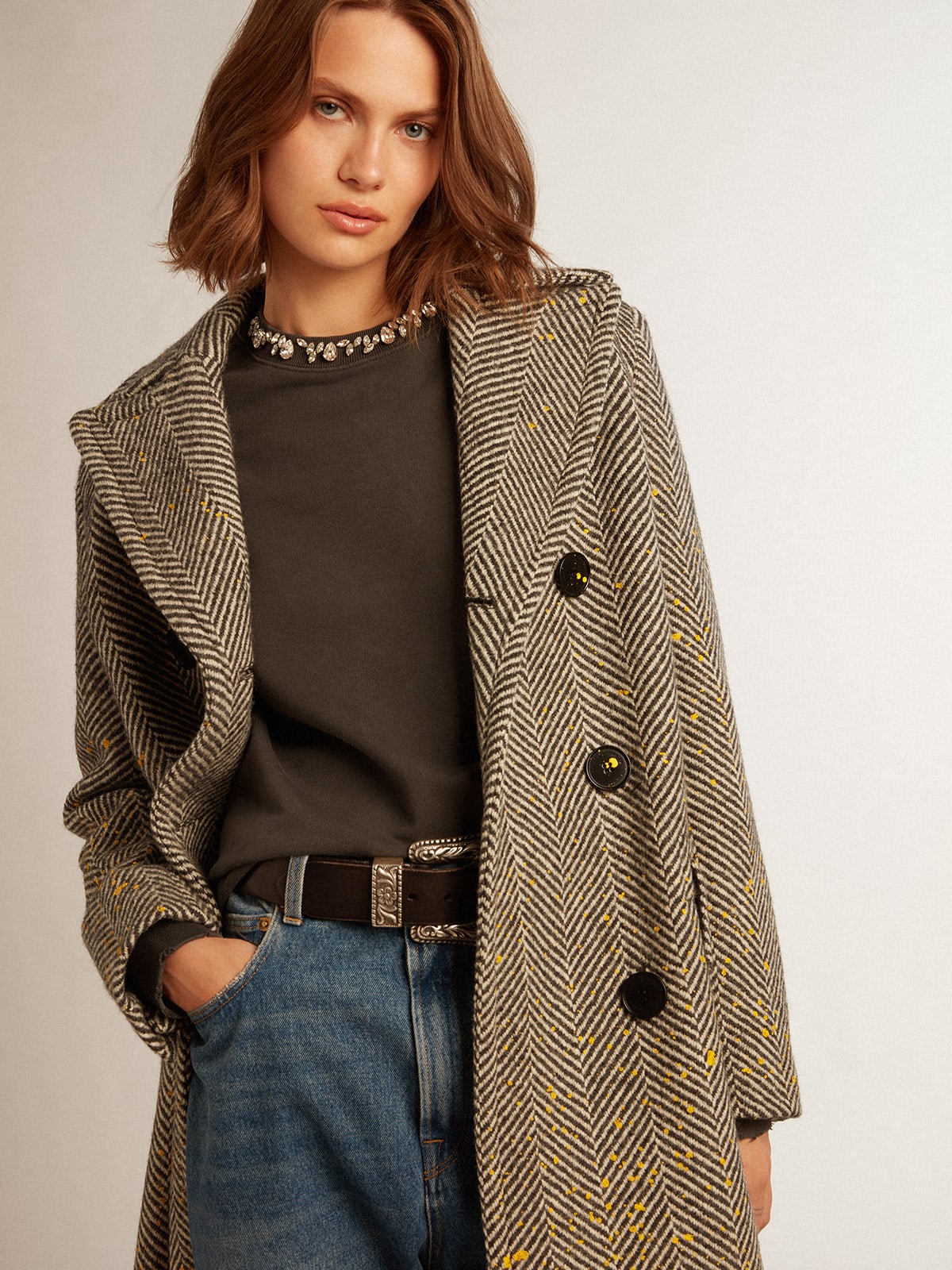 Golden Goose - Women's long herringbone coat with yellow details in 