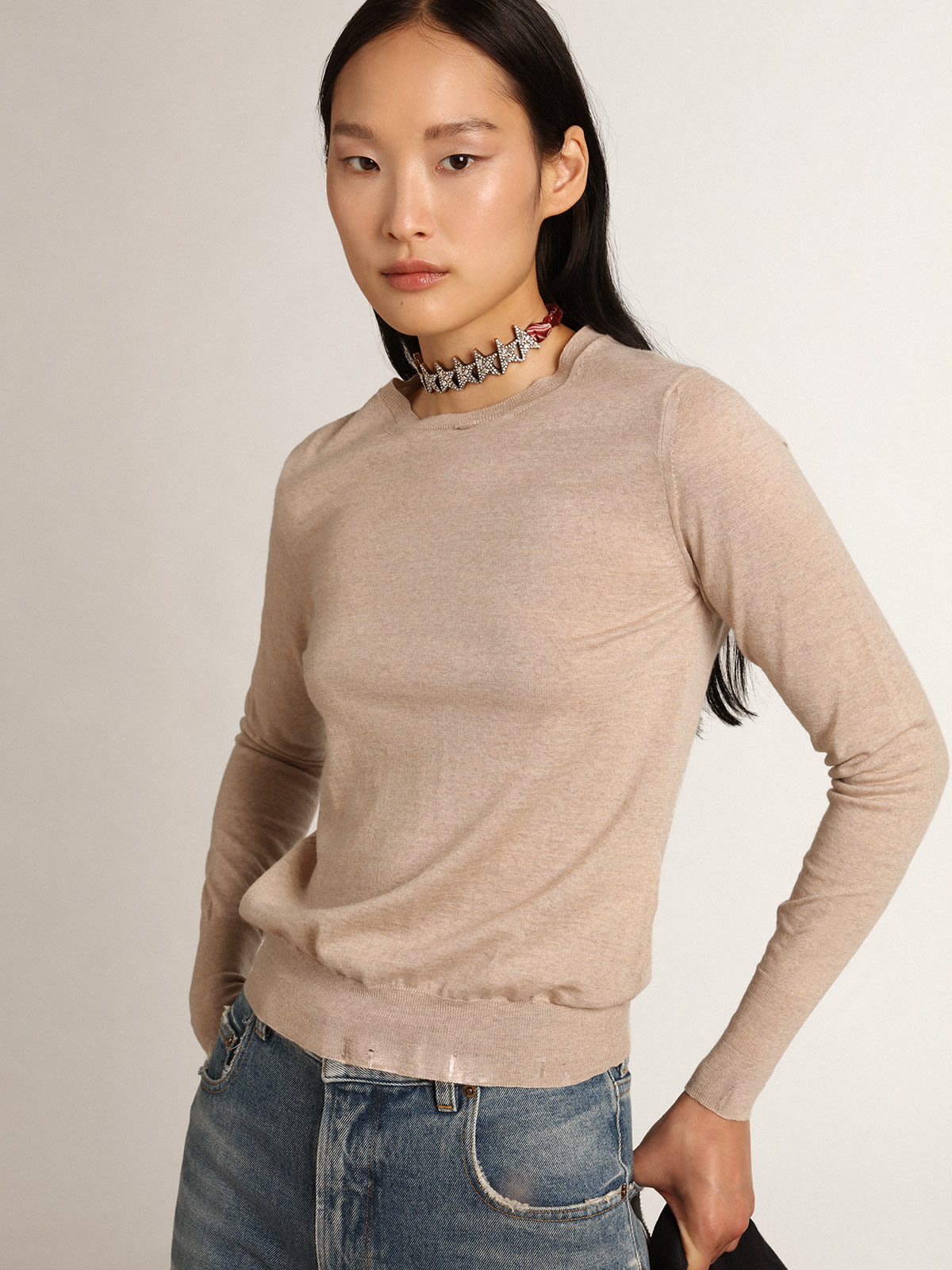 Women's sweater in light brown merino wool