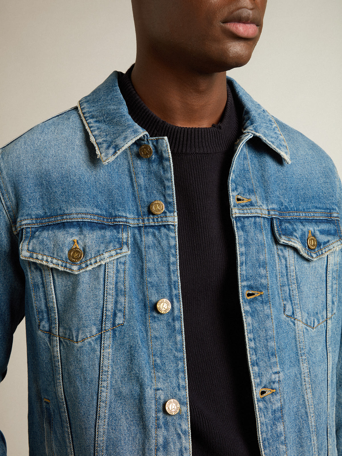 Medium wash hot sale denim jacket mens