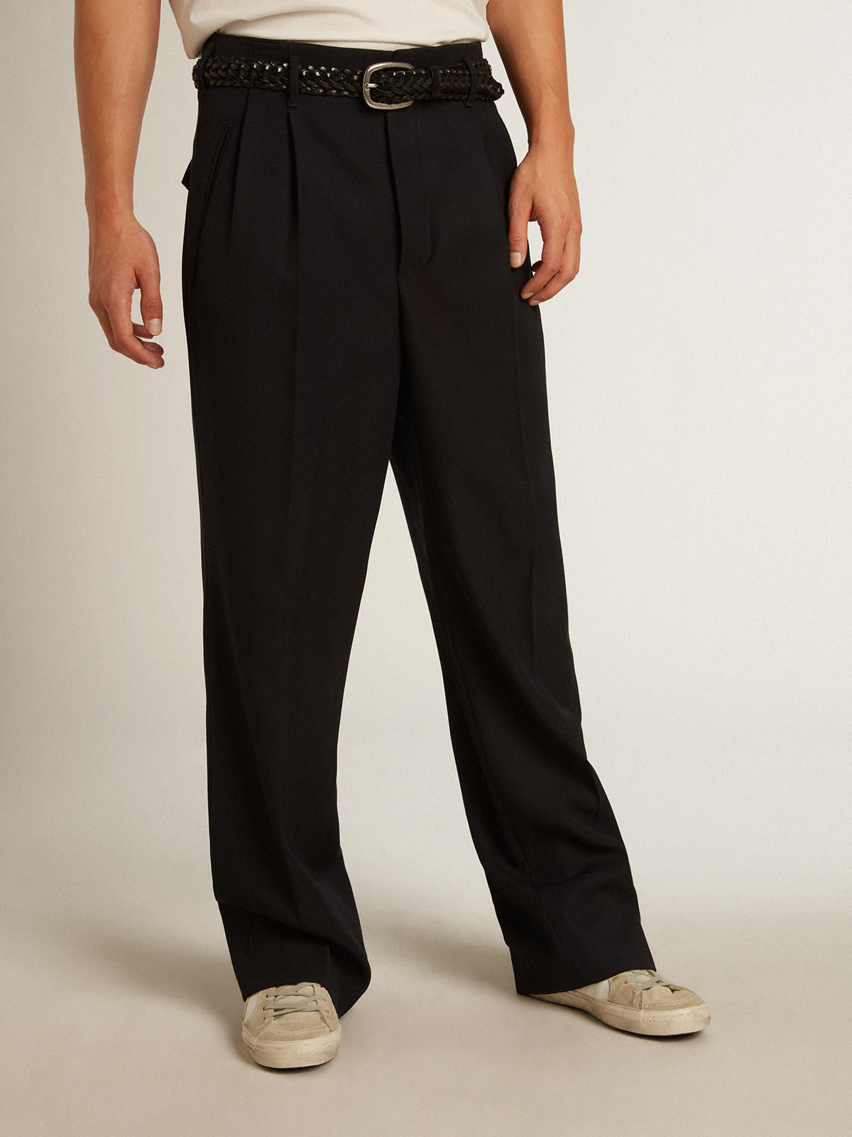 Men's wide leg pants in dark blue wool