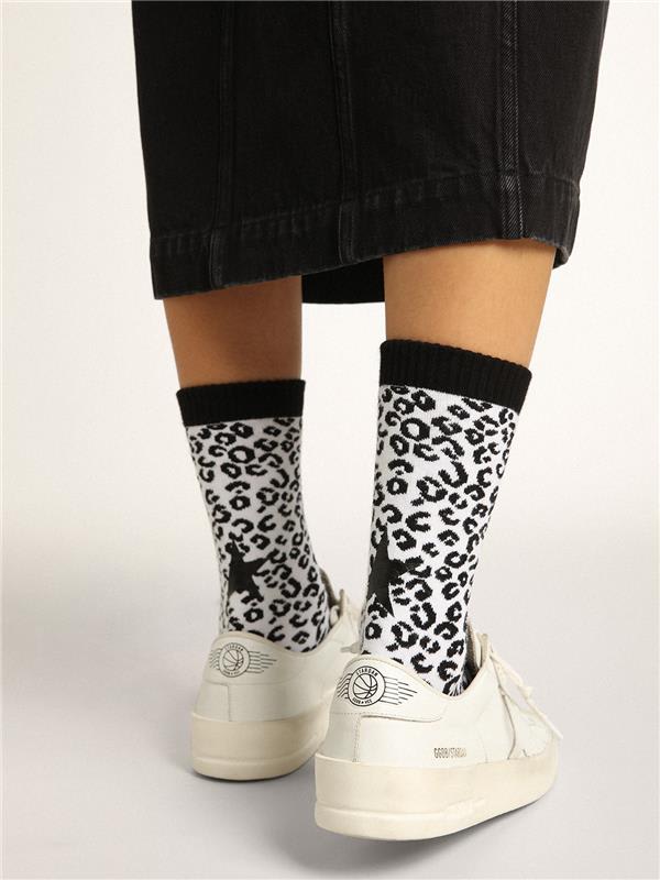 Golden Goose - Black and white socks with leopard print and black star on the back in 