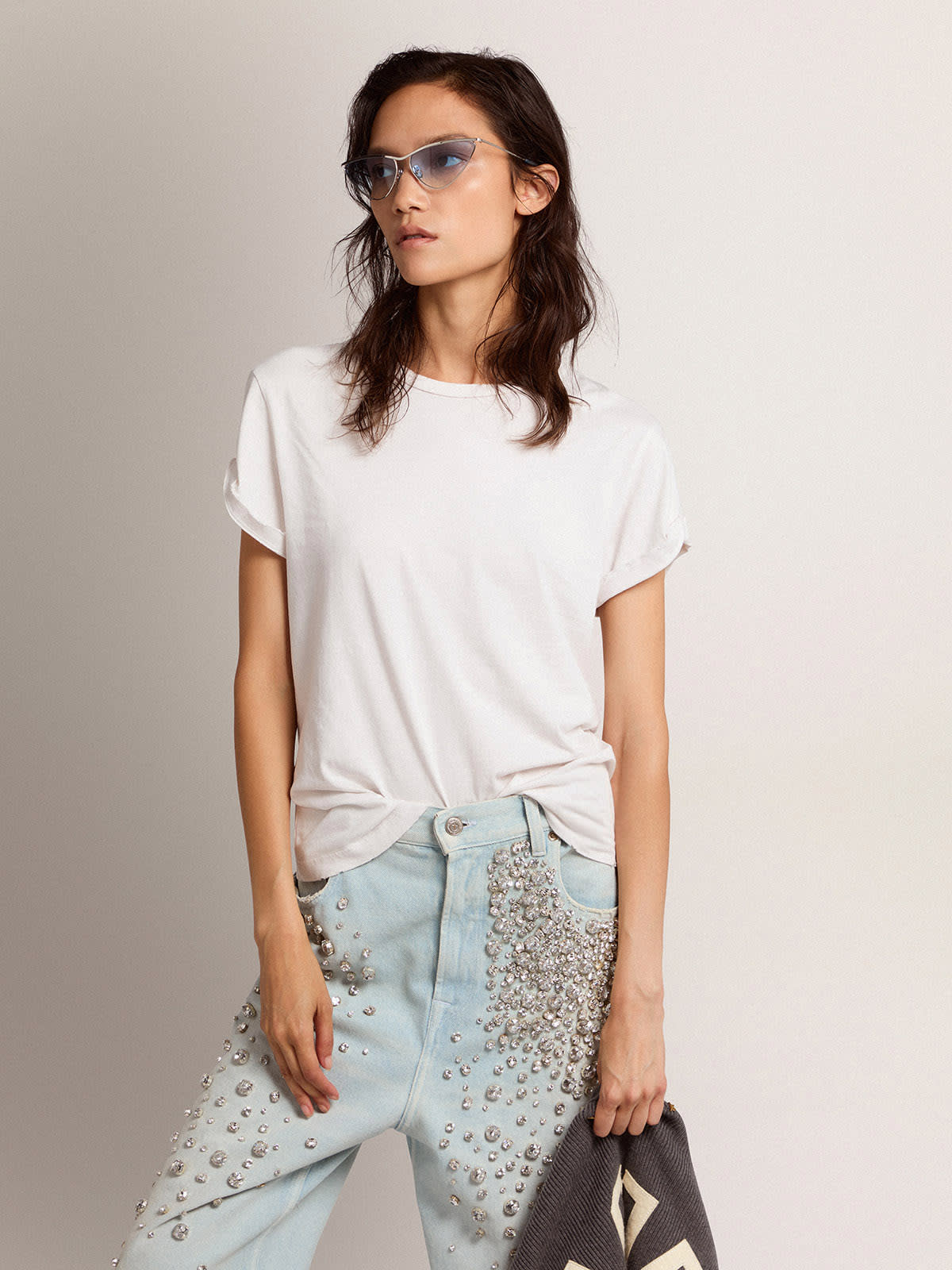 Golden Goose - Women's white T-shirt with distressed treatment in 
