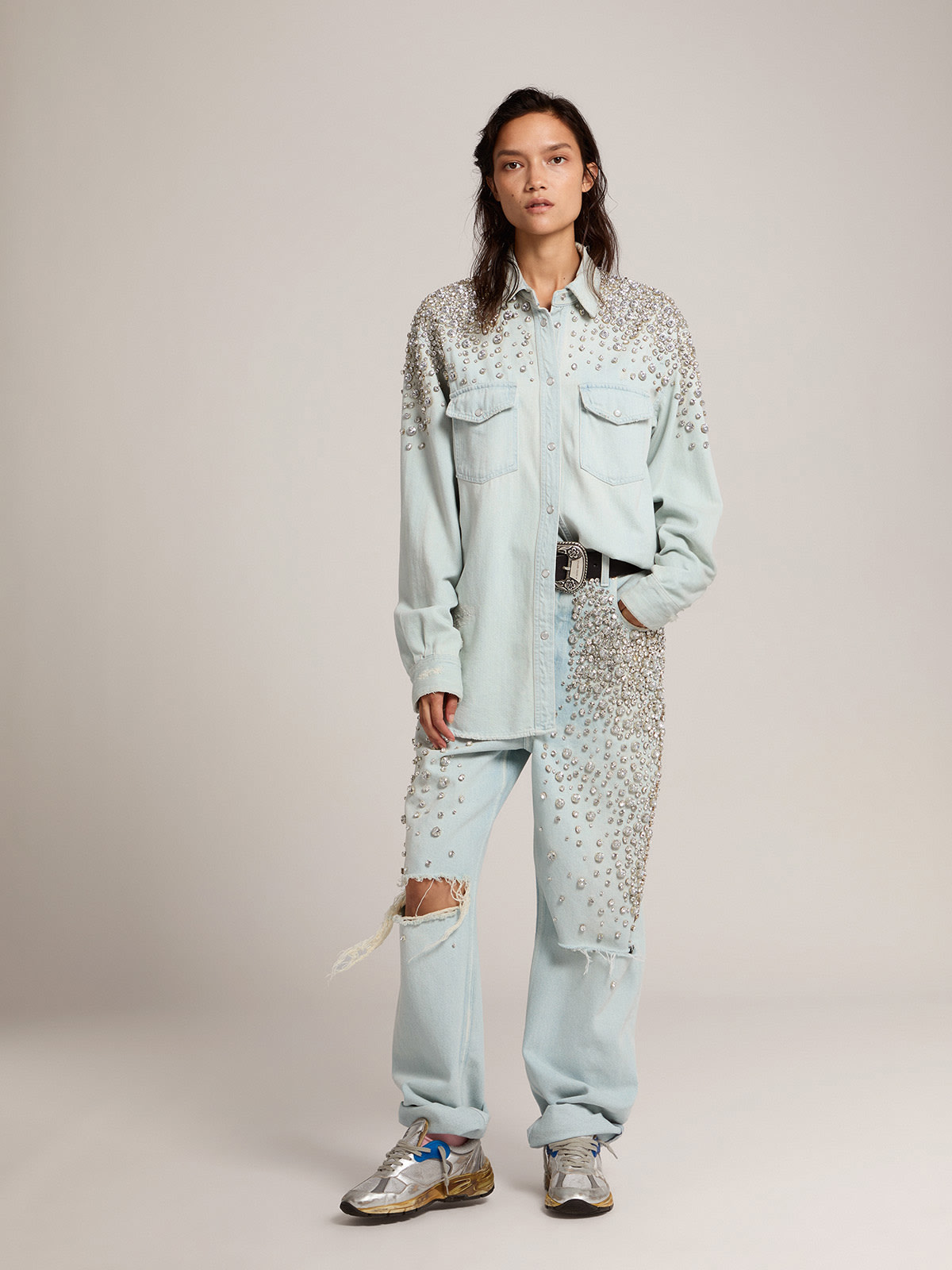 Golden Goose - Women's bleached boyfriend shirt with cabochon crystals in 