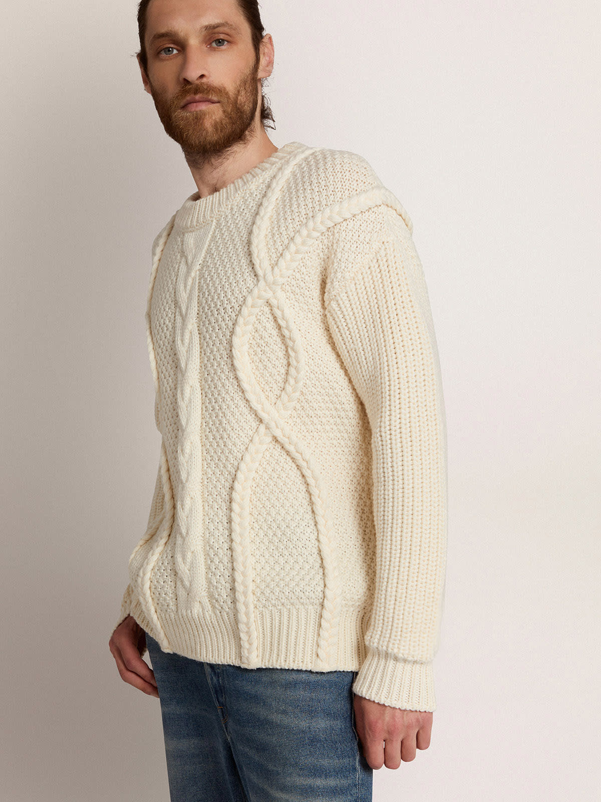 Golden Goose - Men's round-neck sweater in wool with braided motif in 