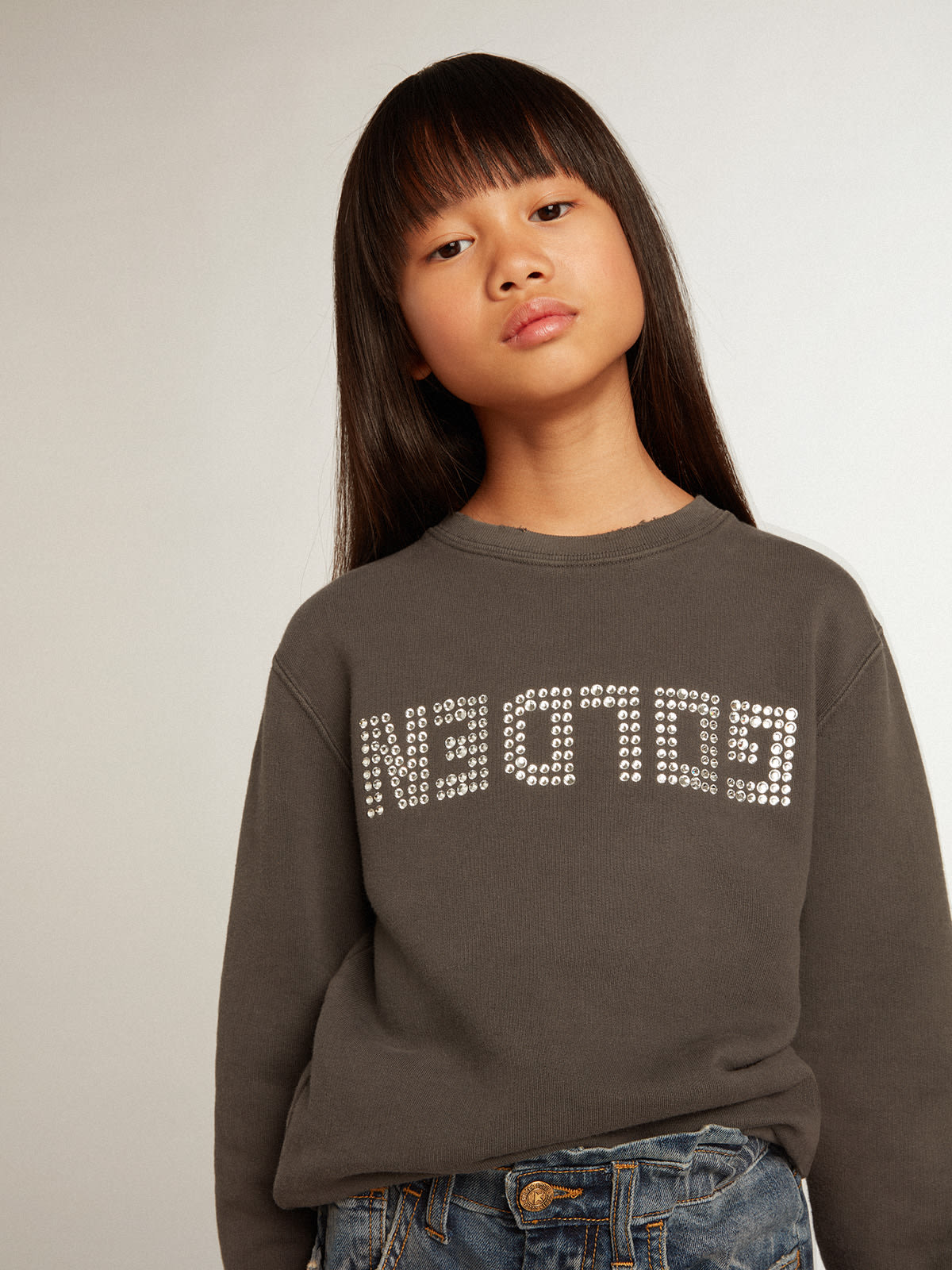 Distressed gray sweatshirt with crystal lettering