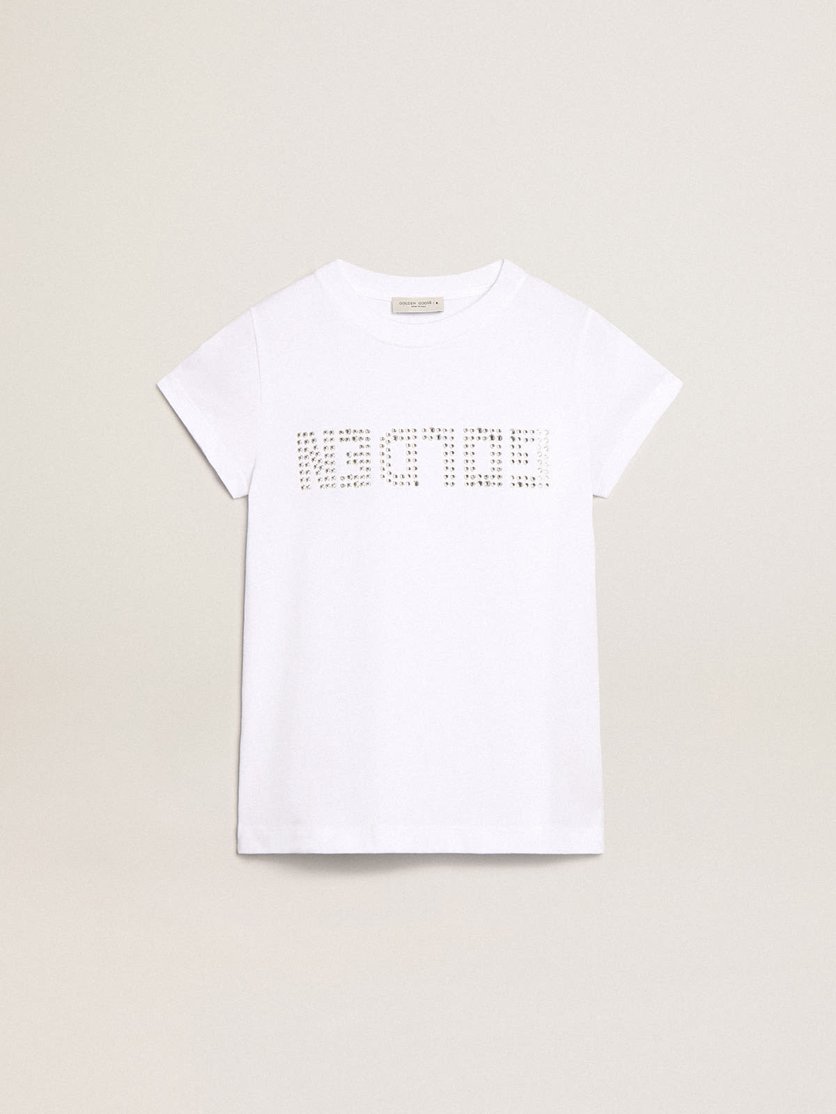 Golden Goose - White T-shirt with central Golden lettering in crystals in 