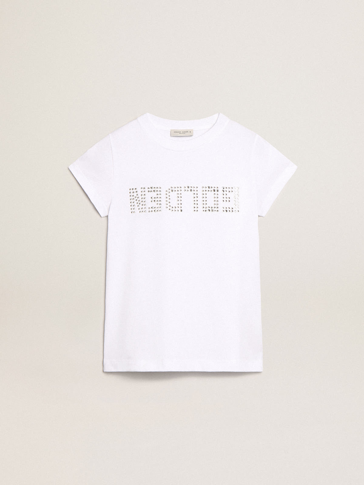 White T shirt with central Golden lettering in crystals