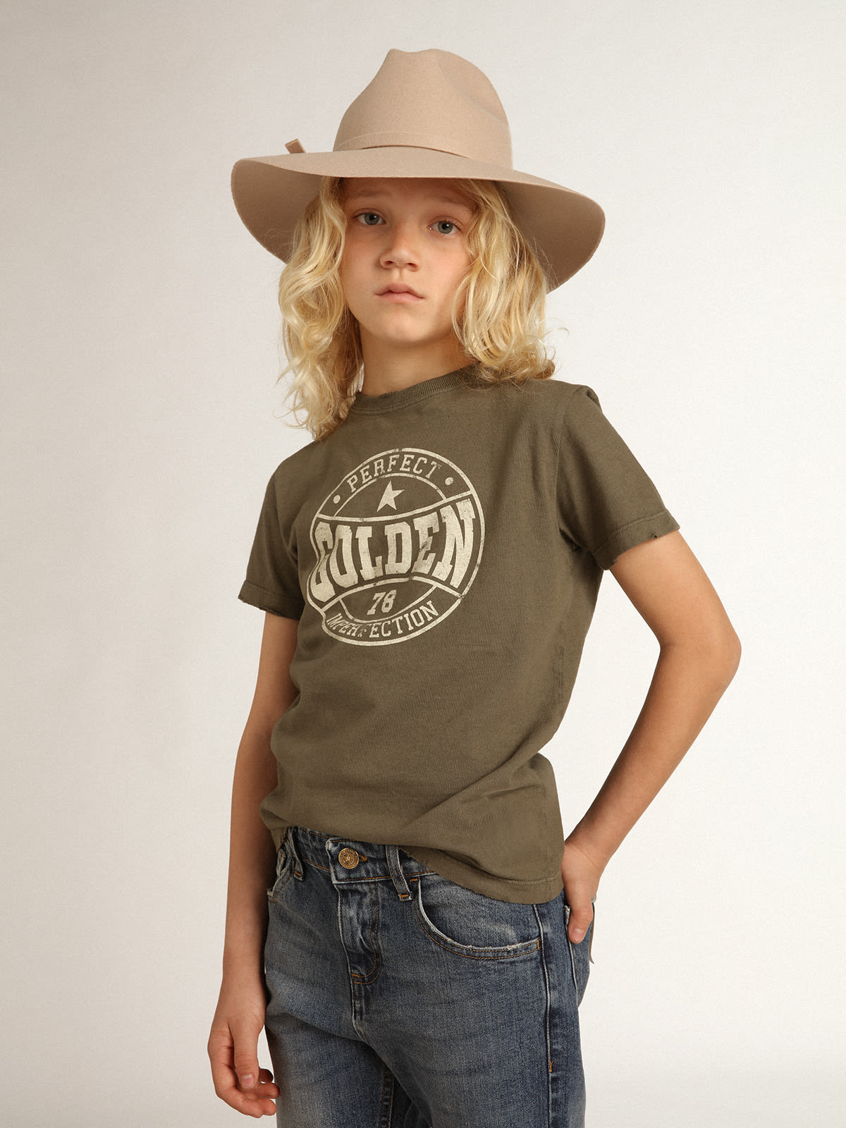 Golden Goose - Boys’ olive-green T-shirt with printed white logo in the center in 