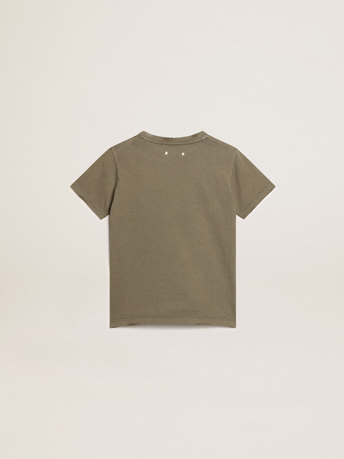 Golden Goose - T-shirt olive pour garçon avec logo blanc imprimé au centre in 