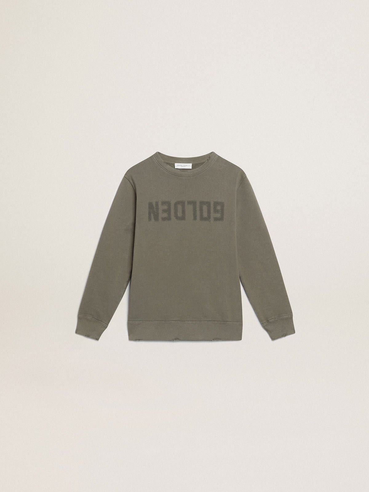 Golden Goose - Distressed olive-green sweatshirt with Golden lettering on the front in 