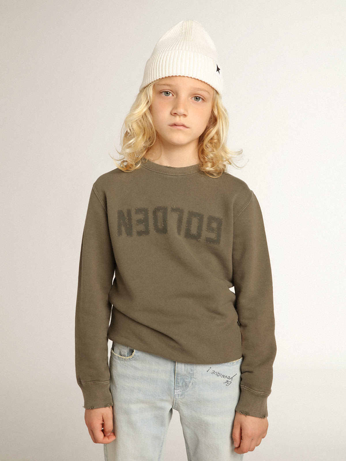 Golden Goose - Distressed olive-green sweatshirt with Golden lettering on the front in 