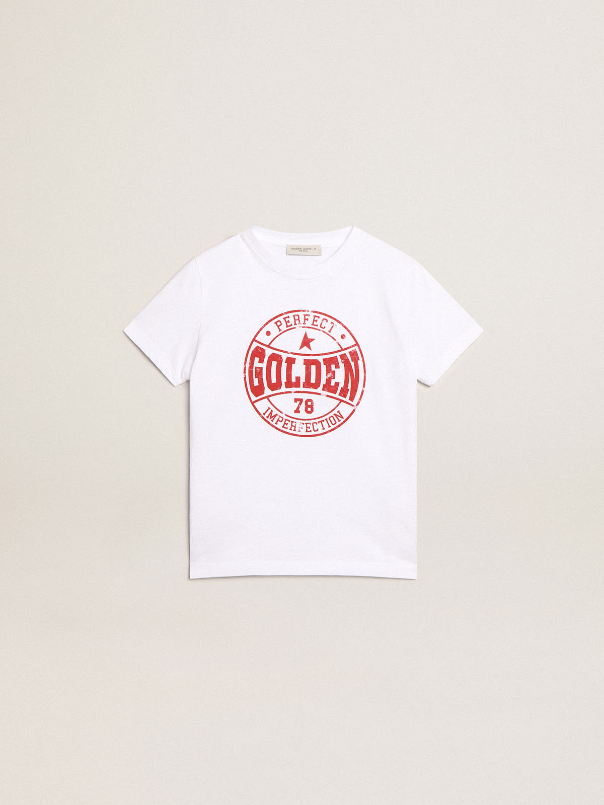 Golden Goose - T-shirt blanc pour garçon avec logo rouge imprimé au centre in 