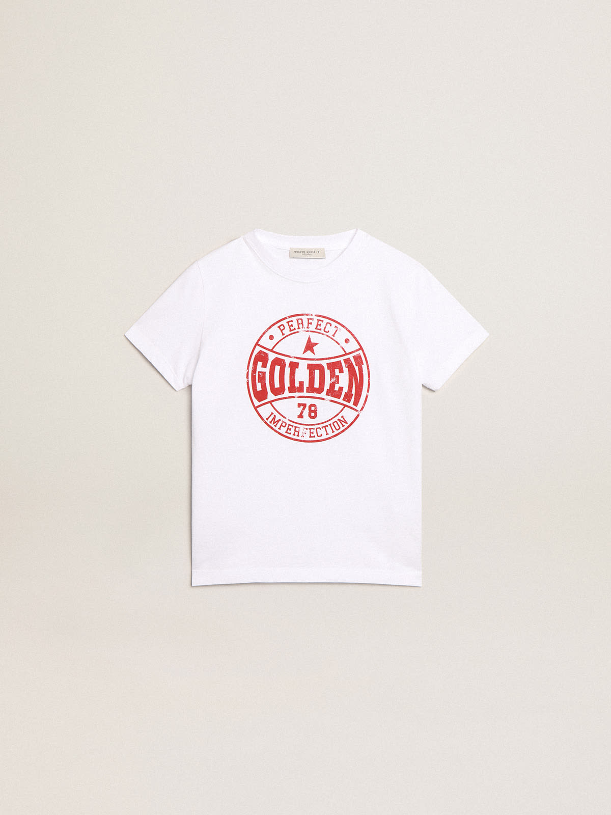 Golden Goose - Boys’ white T-shirt with printed red logo in the center in 