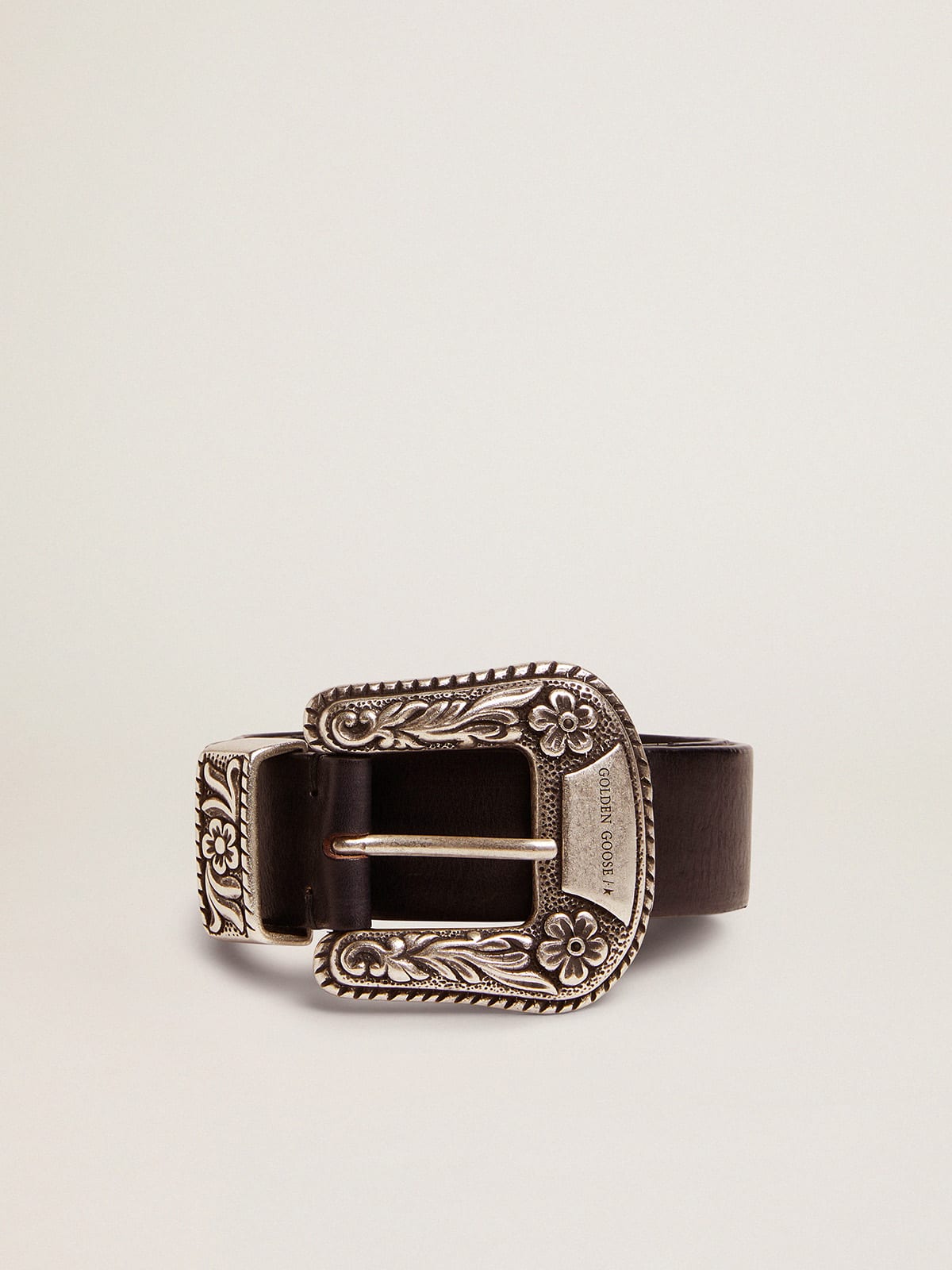 Golden Goose - Women's belt in black leather with silver decorated buckle in 