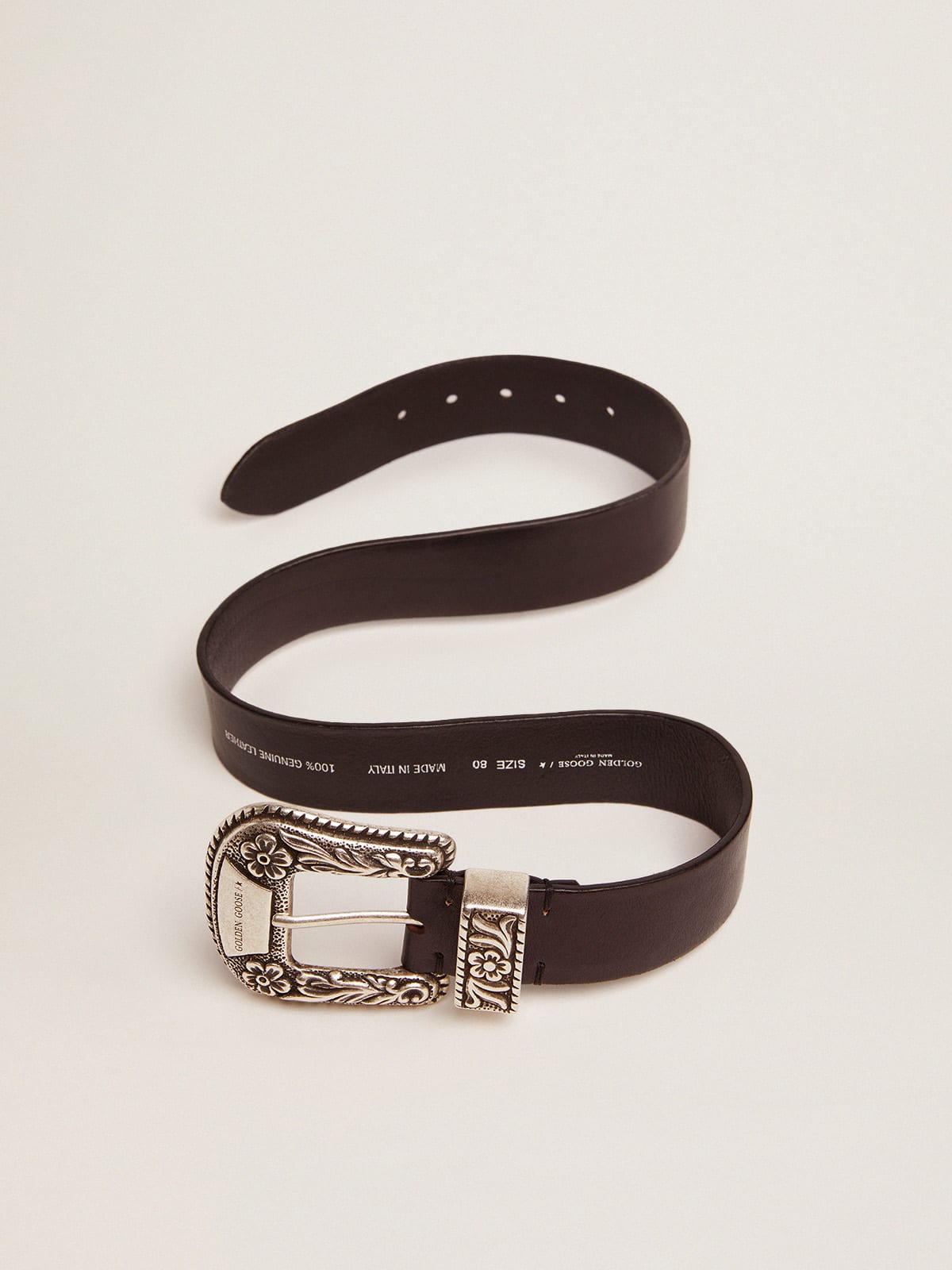 Golden Goose - Lace belt in black leather with silver color decorated buckle in 